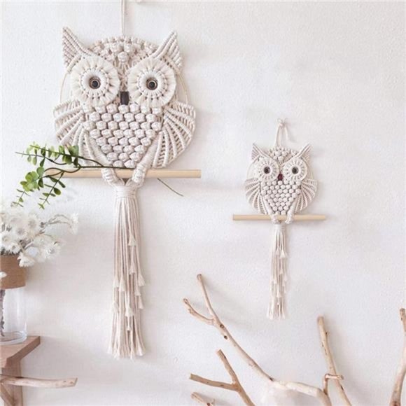 2 Pcs Owl Macrame Wall Hanging Tapestry Art Decor Handmade (Width: 11.8